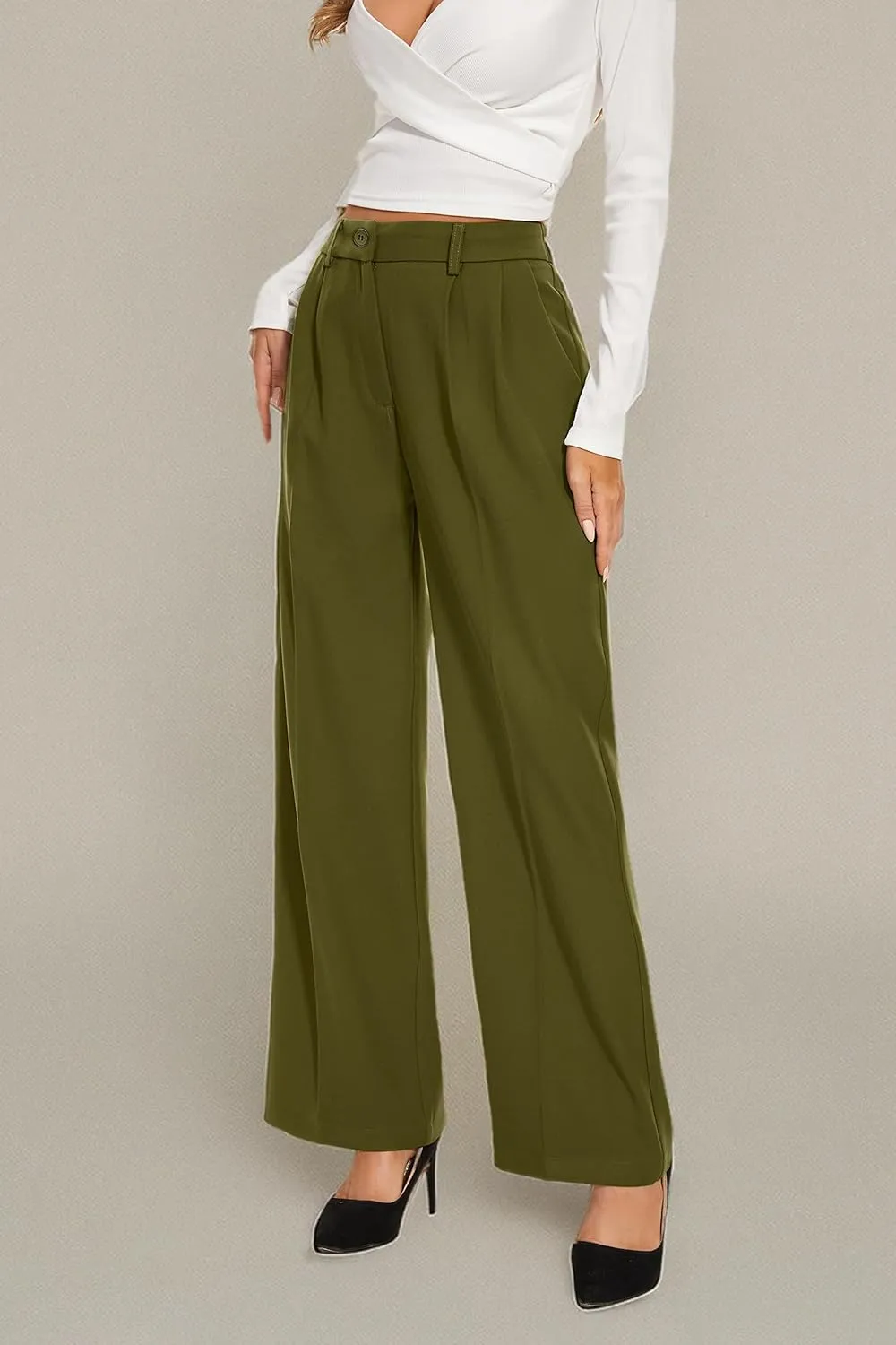 Women Wide Leg High Waist Wide Leg Pants Loose Fit Back Elastic Waist Pleated Front Trousers for Work Casual