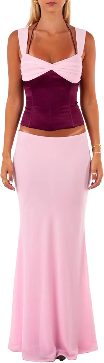 Women Y2k 2 Piece Skirt Sets Satin Backless Tank Top Bodycon Long Maxi Skirt Outfits Summer Going Out Streetwear