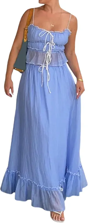 Women Y2k 2 Piece Skirt Sets Tie Front Cami Top and Ruffle Flowy Maxi Skirt Set Vacation Beachwear Outfits