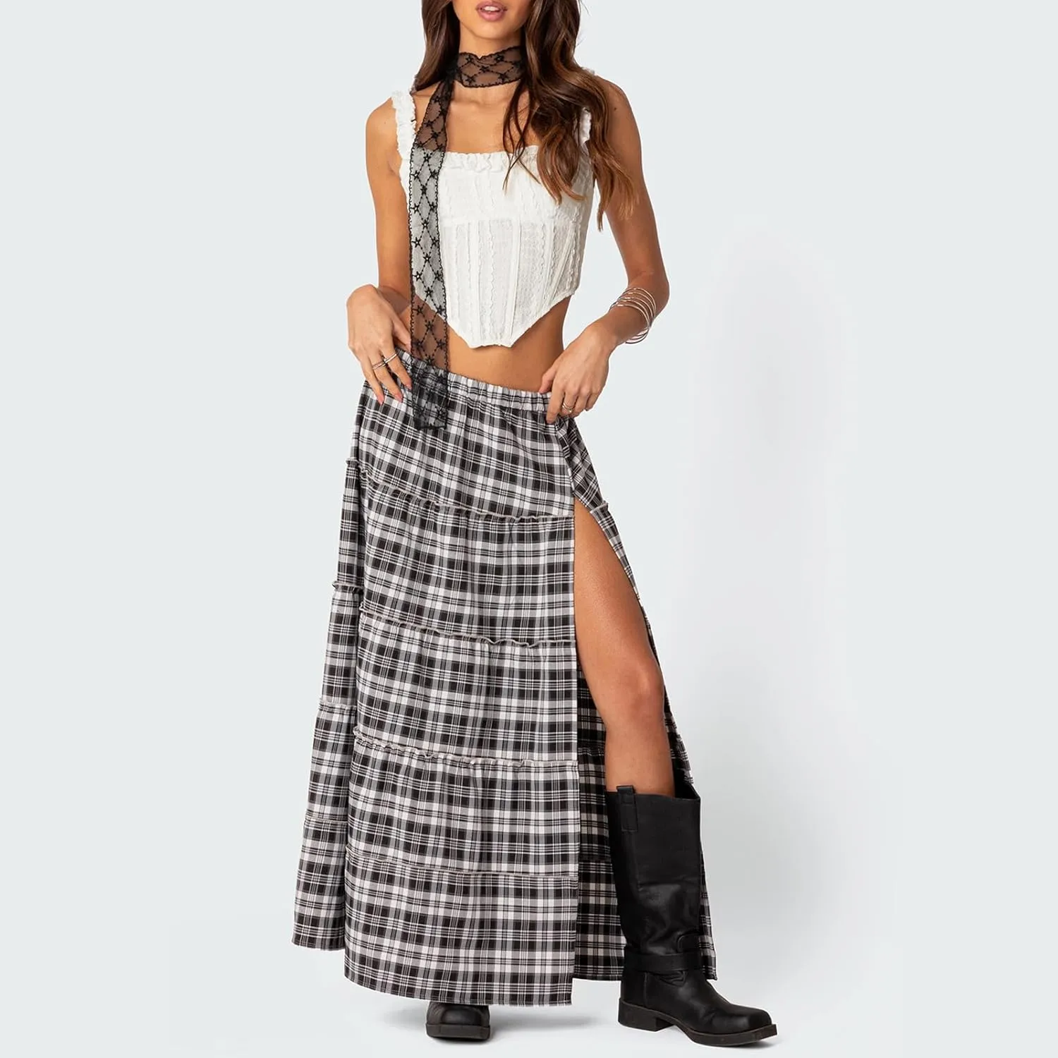 Women Y2K Plaid Tiered Maxi Skirts Elastic High Waist Gingham Pleated Long Skirt Vintage Flowy A Line Swing Skirts
