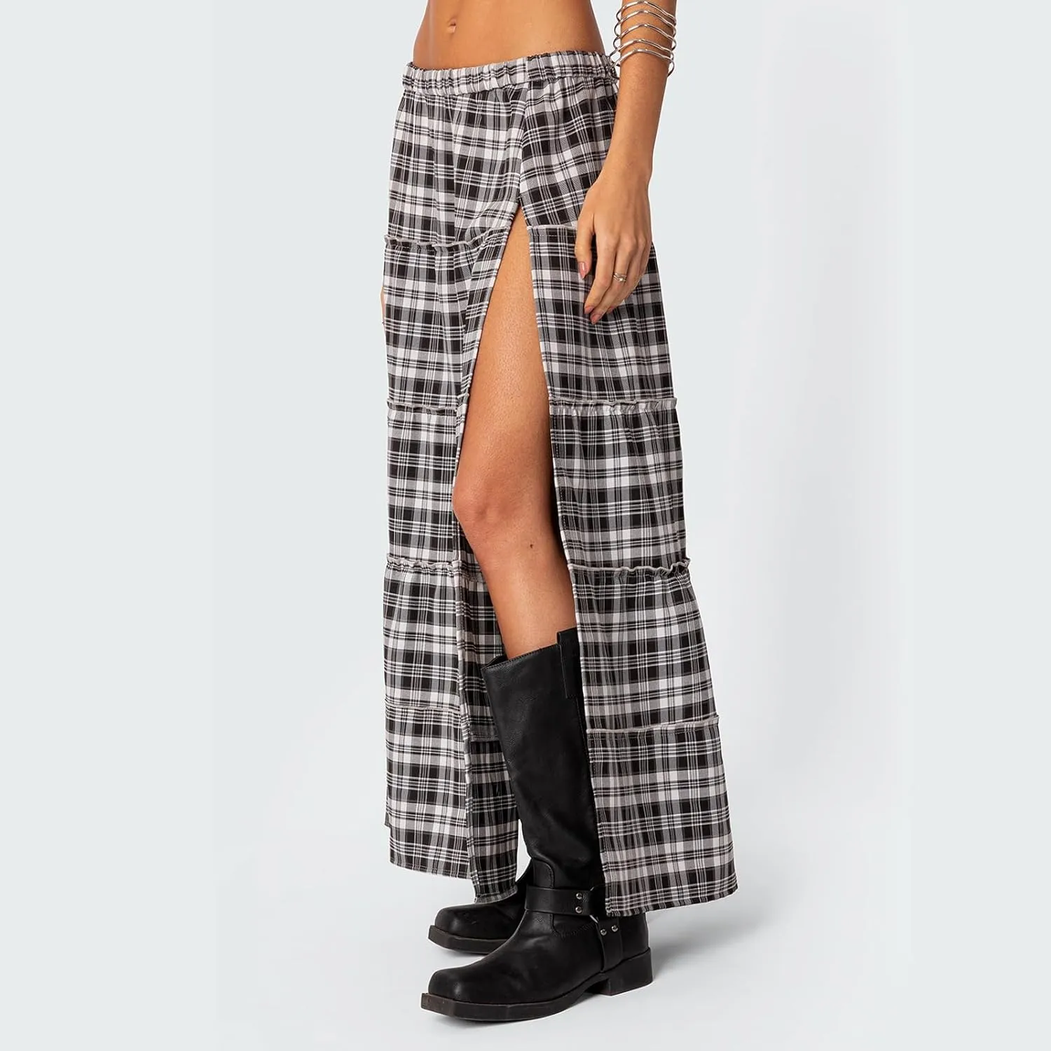 Women Y2K Plaid Tiered Maxi Skirts Elastic High Waist Gingham Pleated Long Skirt Vintage Flowy A Line Swing Skirts