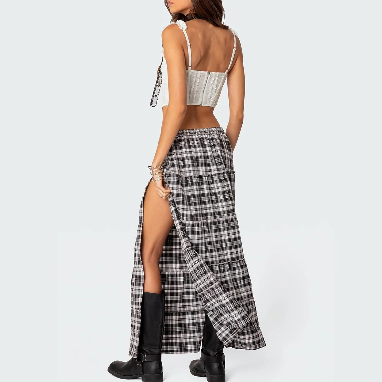 Women Y2K Plaid Tiered Maxi Skirts Elastic High Waist Gingham Pleated Long Skirt Vintage Flowy A Line Swing Skirts