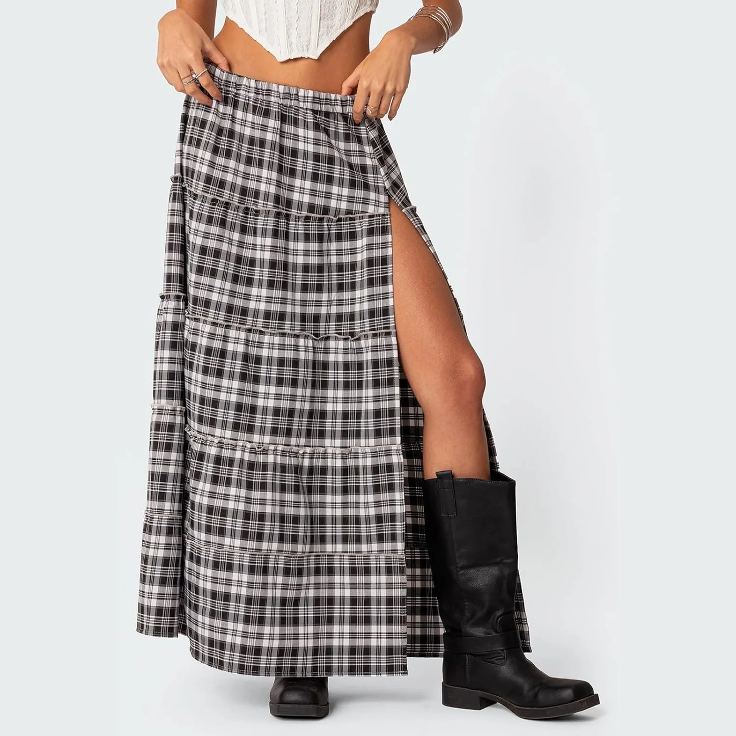 Women Y2K Plaid Tiered Maxi Skirts Elastic High Waist Gingham Pleated Long Skirt Vintage Flowy A Line Swing Skirts