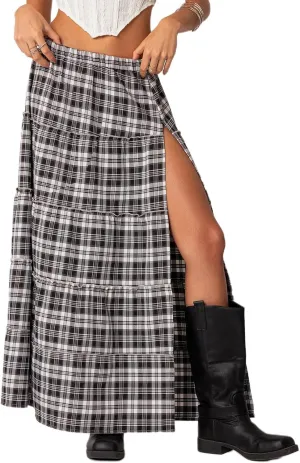 Women Y2K Plaid Tiered Maxi Skirts Elastic High Waist Gingham Pleated Long Skirt Vintage Flowy A Line Swing Skirts