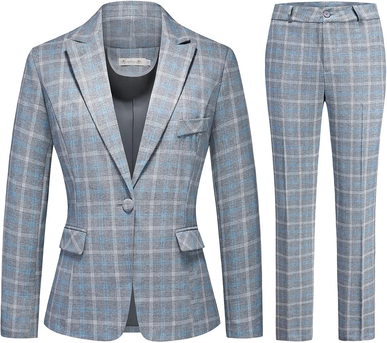 Womens 2 Piece Plaid Suits Set Business Office One Button Blazer Jacket Casual Long Sleeve Pant Suit Set