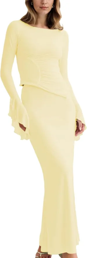 Womens 2 Pieces Outfits Sets Round Neck Slim Fit Pleated Tops Low Waisted Fishtail Maxi Skirt Elegant Party Suits