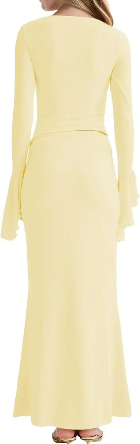 Womens 2 Pieces Outfits Sets Round Neck Slim Fit Pleated Tops Low Waisted Fishtail Maxi Skirt Elegant Party Suits