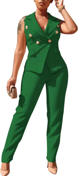 Women's Business Blazer Suit Ruffles Sleeveless Two Piece Solid Work Pant Suit Business Office Lady Suits Sets