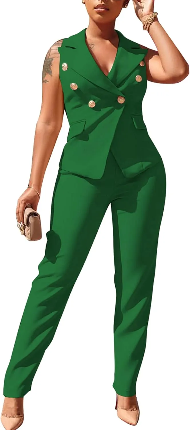 Women's Business Blazer Suit Ruffles Sleeveless Two Piece Solid Work Pant Suit Business Office Lady Suits Sets