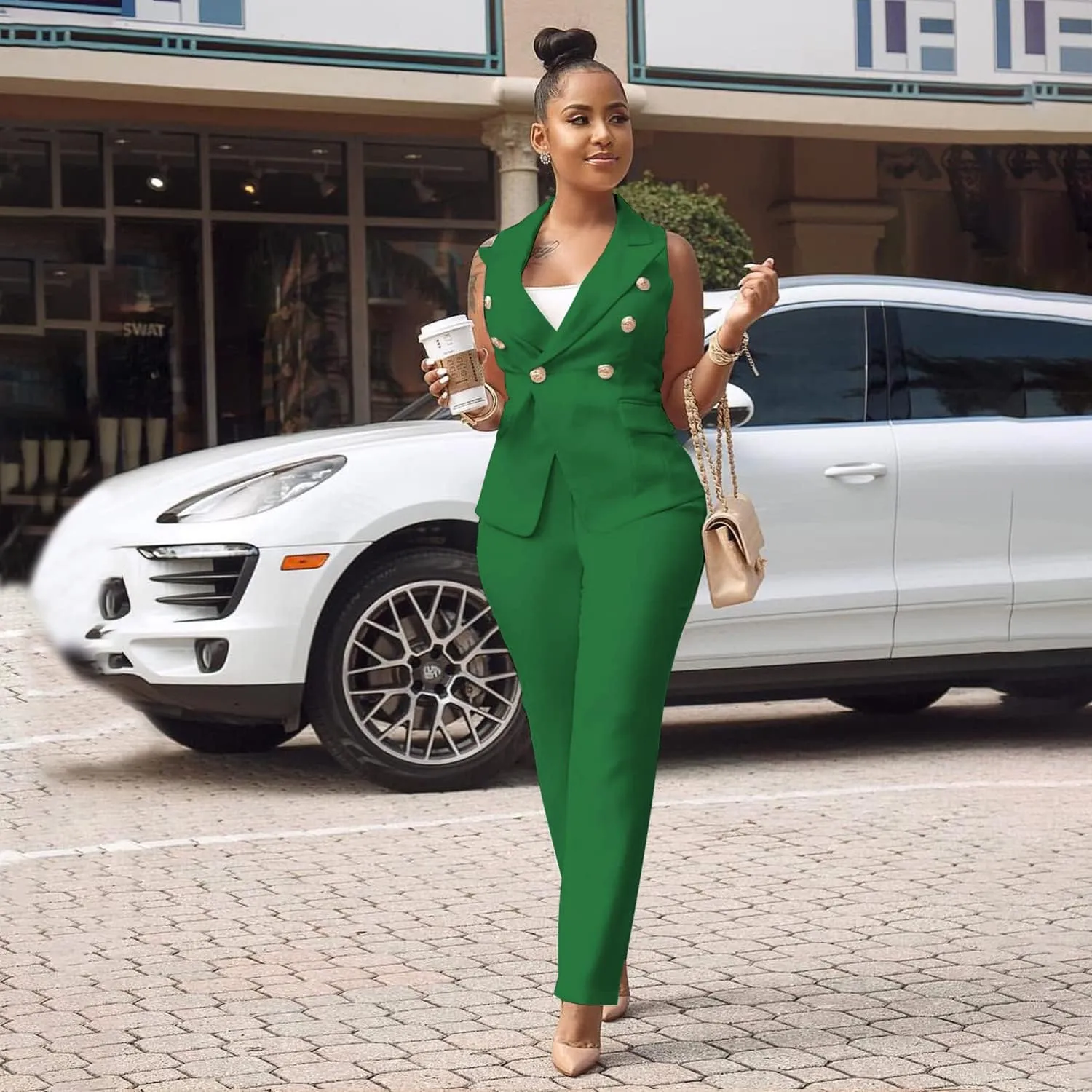 Women's Business Blazer Suit Ruffles Sleeveless Two Piece Solid Work Pant Suit Business Office Lady Suits Sets