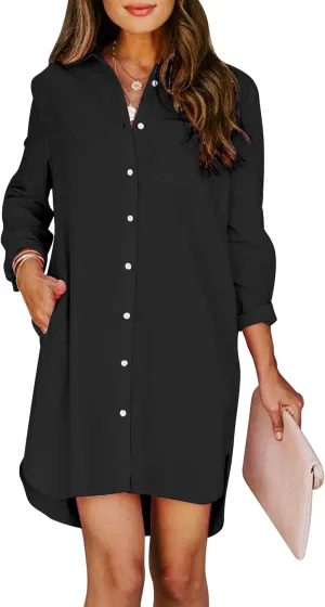 Womens Button Down Shirt Dresses with Pockets Cotton Button Up Tunics Long Sleeve Solid High Low Blouse Tops