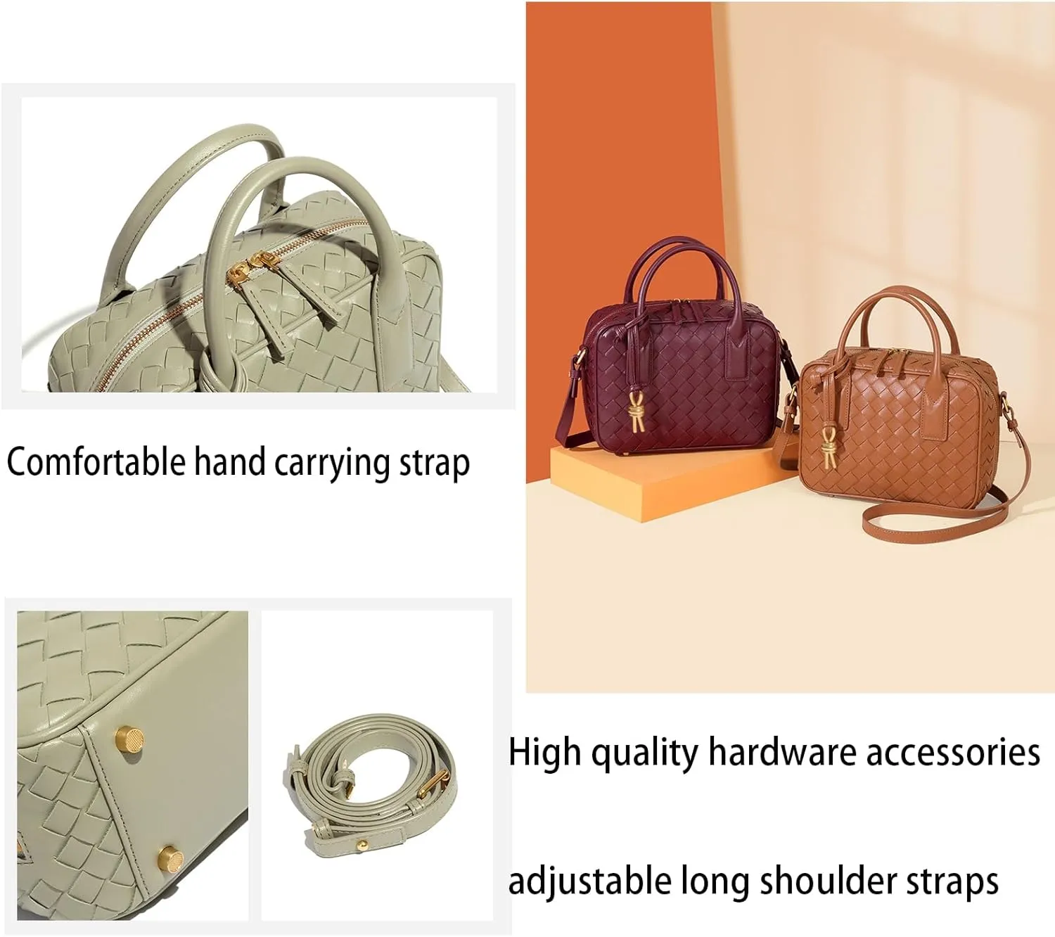 Women's Camera Bag Woven Leather Top Handle Satchel Classic Fashion Casual Crossbody with Adjustable Strap (2)