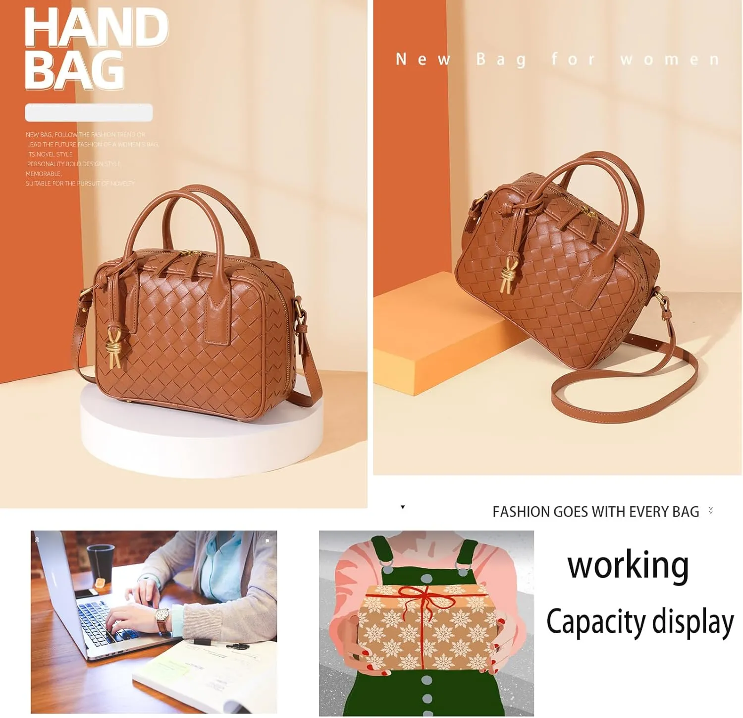 Women's Camera Bag Woven Leather Top Handle Satchel Classic Fashion Casual Crossbody with Adjustable Strap (2)