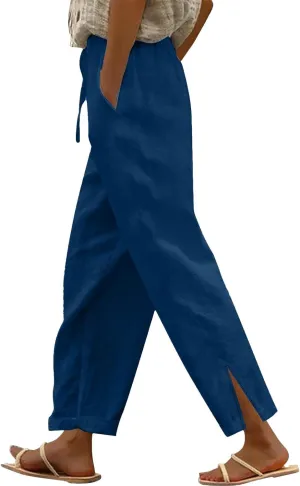 Womens Capris Linen Pants High Waist Drawstring Comfy Casual Pants Lounge Lightweight Loose Trousers with Pockets