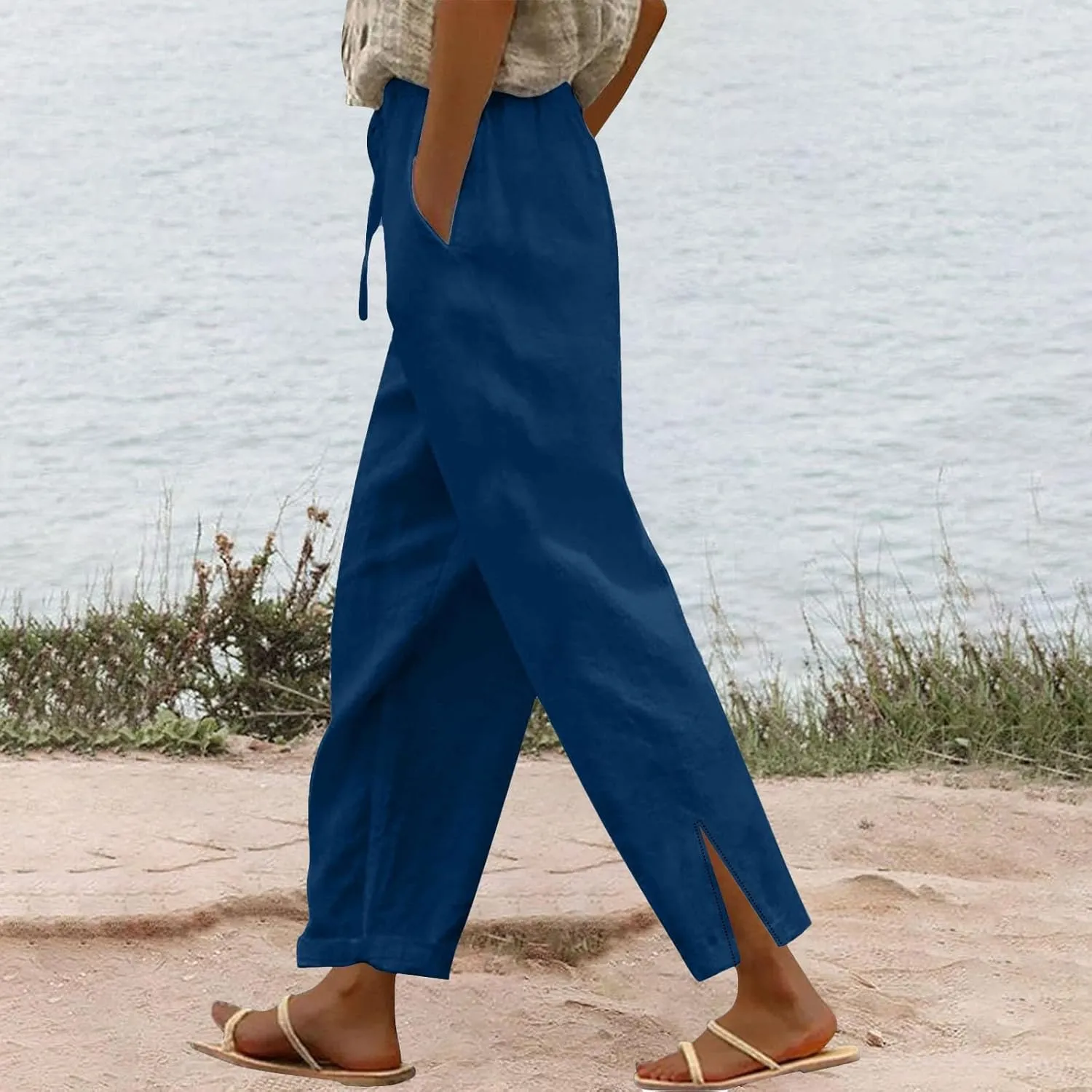 Womens Capris Linen Pants High Waist Drawstring Comfy Casual Pants Lounge Lightweight Loose Trousers with Pockets