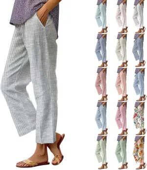 Women's Casual Boho Floral Design Cotton Linen Pant Elastic Waisted Drawstring Summer Beach Baggy Capri with Pockets