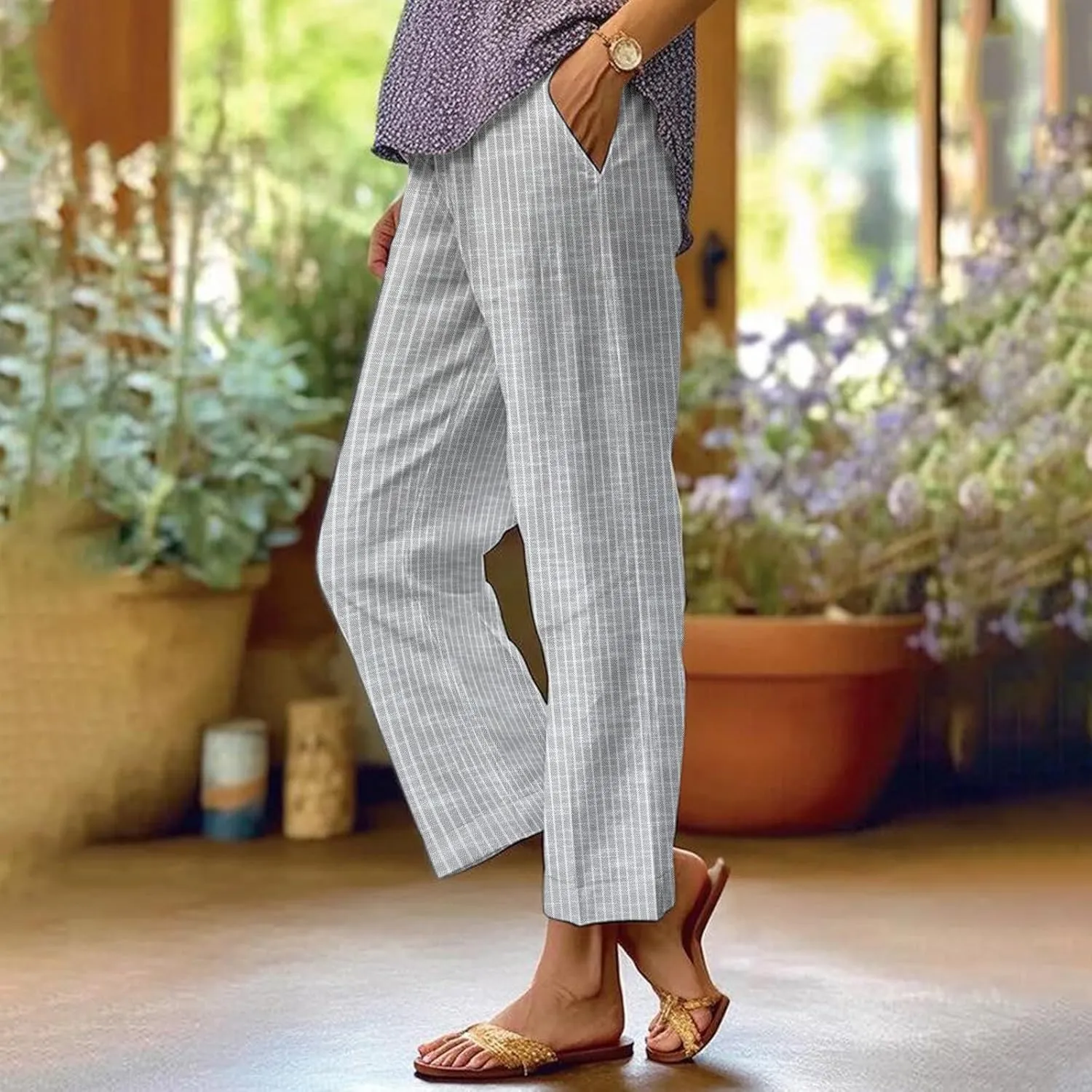 Women's Casual Boho Floral Design Cotton Linen Pant Elastic Waisted Drawstring Summer Beach Baggy Capri with Pockets