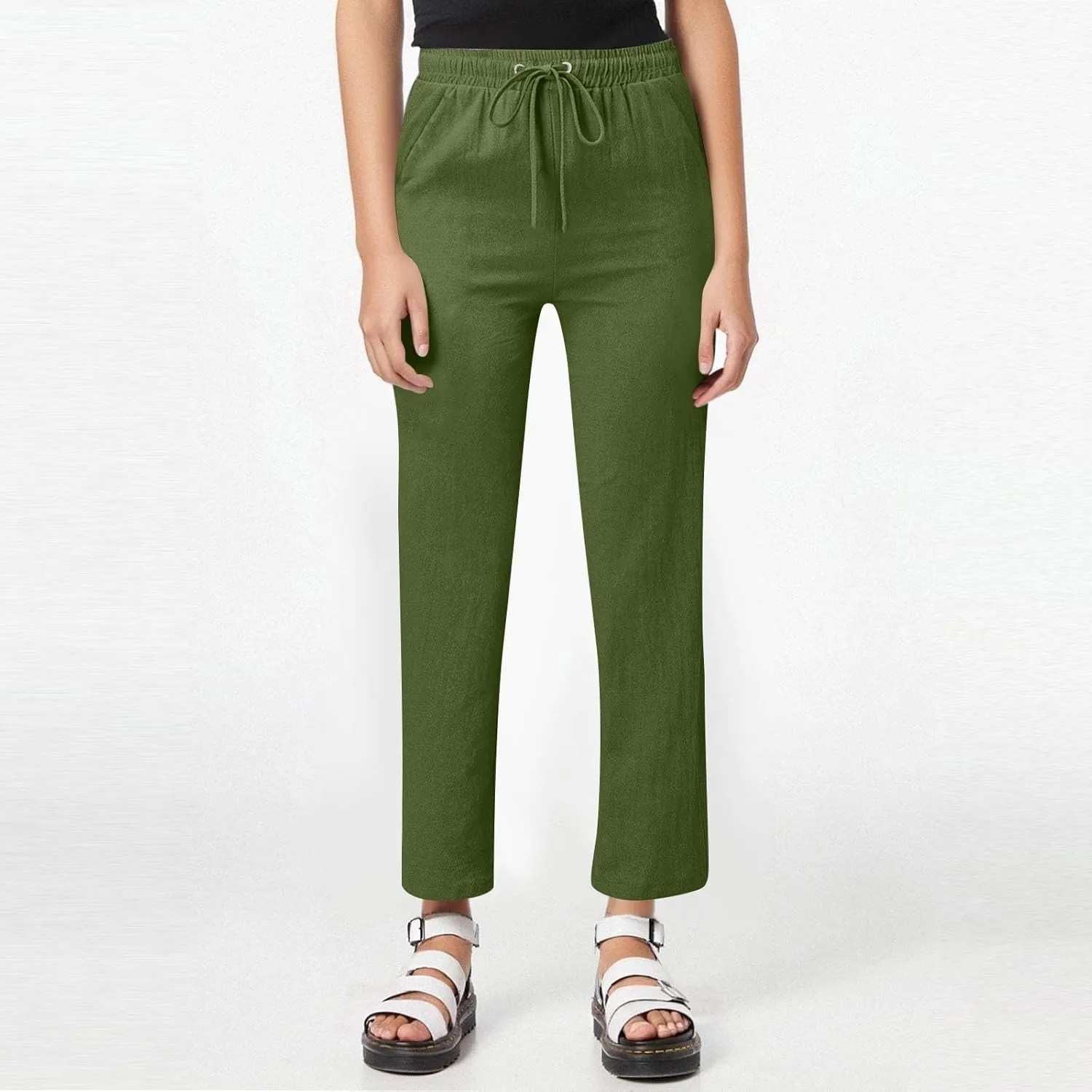 Women's Cotton Linen Straight Leg Pants Elastic Drawstring Summer Trousers with Pockets 2025 Beach Lounge Pants