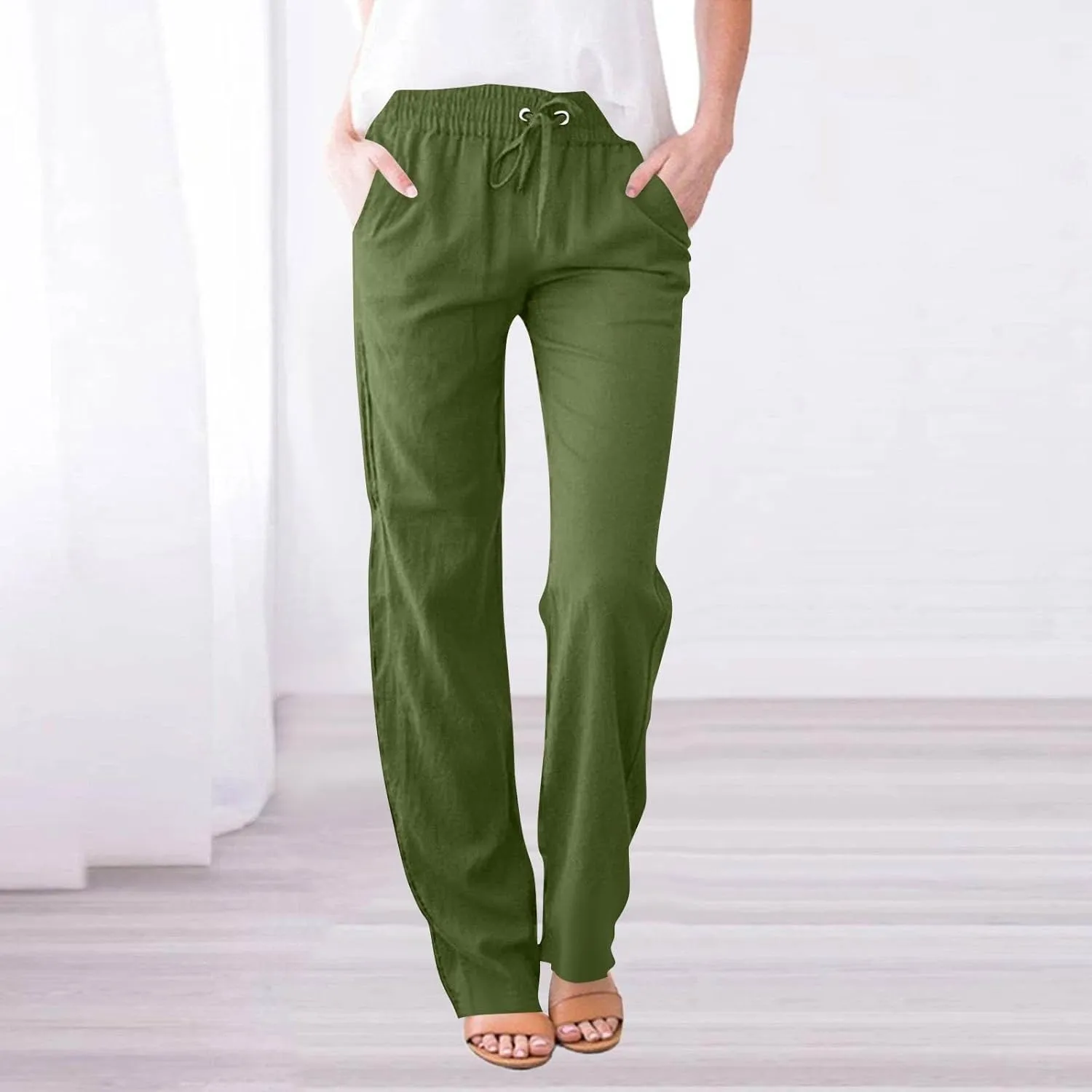 Women's Cotton Linen Straight Leg Pants Elastic Drawstring Summer Trousers with Pockets 2025 Beach Lounge Pants