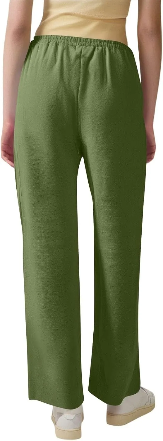 Women's Cotton Linen Straight Leg Pants Elastic Drawstring Summer Trousers with Pockets 2025 Beach Lounge Pants