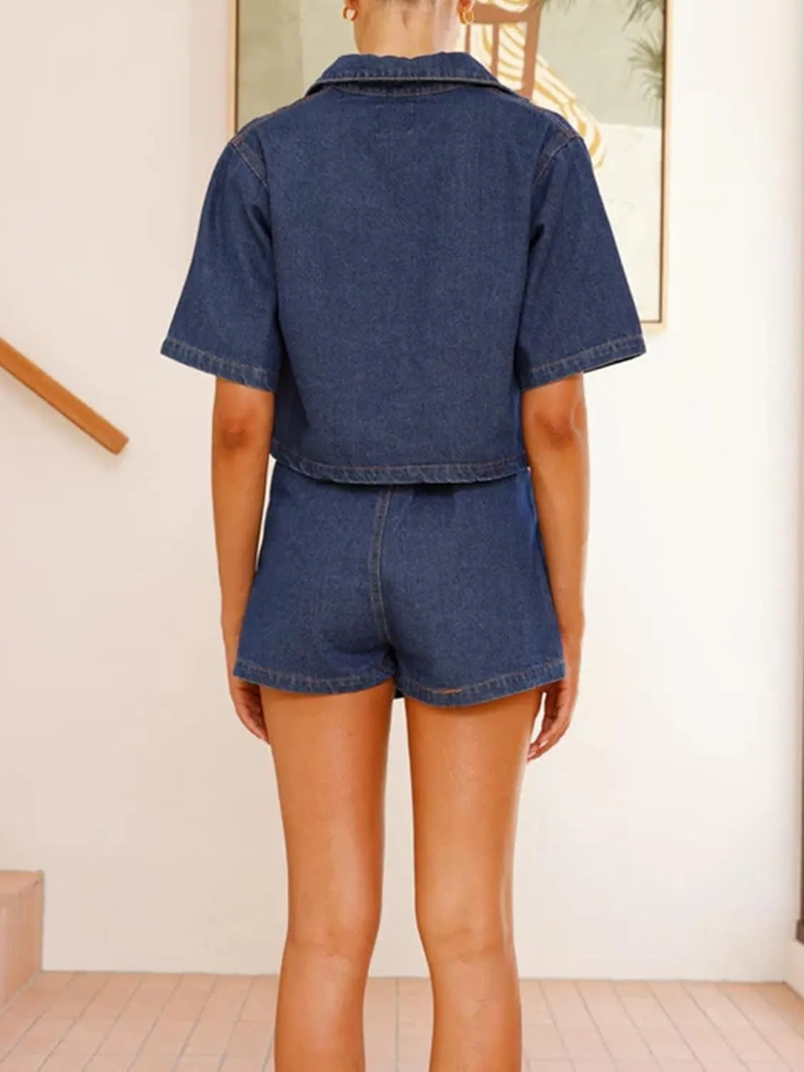 Womens Denim Sets 2 Piece Outfits Short Sleeve Cropped Denim Shirt Tops and High Waisted Jean Skorts Skirt Set