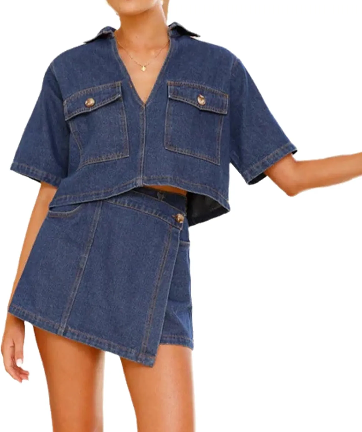 Womens Denim Sets 2 Piece Outfits Short Sleeve Cropped Denim Shirt Tops and High Waisted Jean Skorts Skirt Set