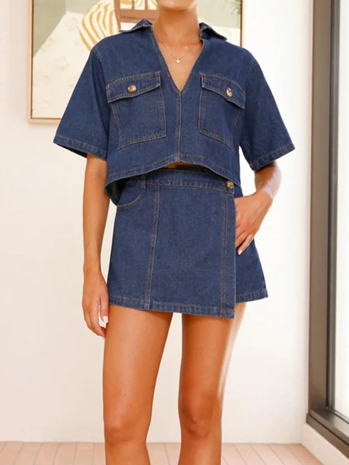 Womens Denim Sets 2 Piece Outfits Short Sleeve Cropped Denim Shirt Tops and High Waisted Jean Skorts Skirt Set