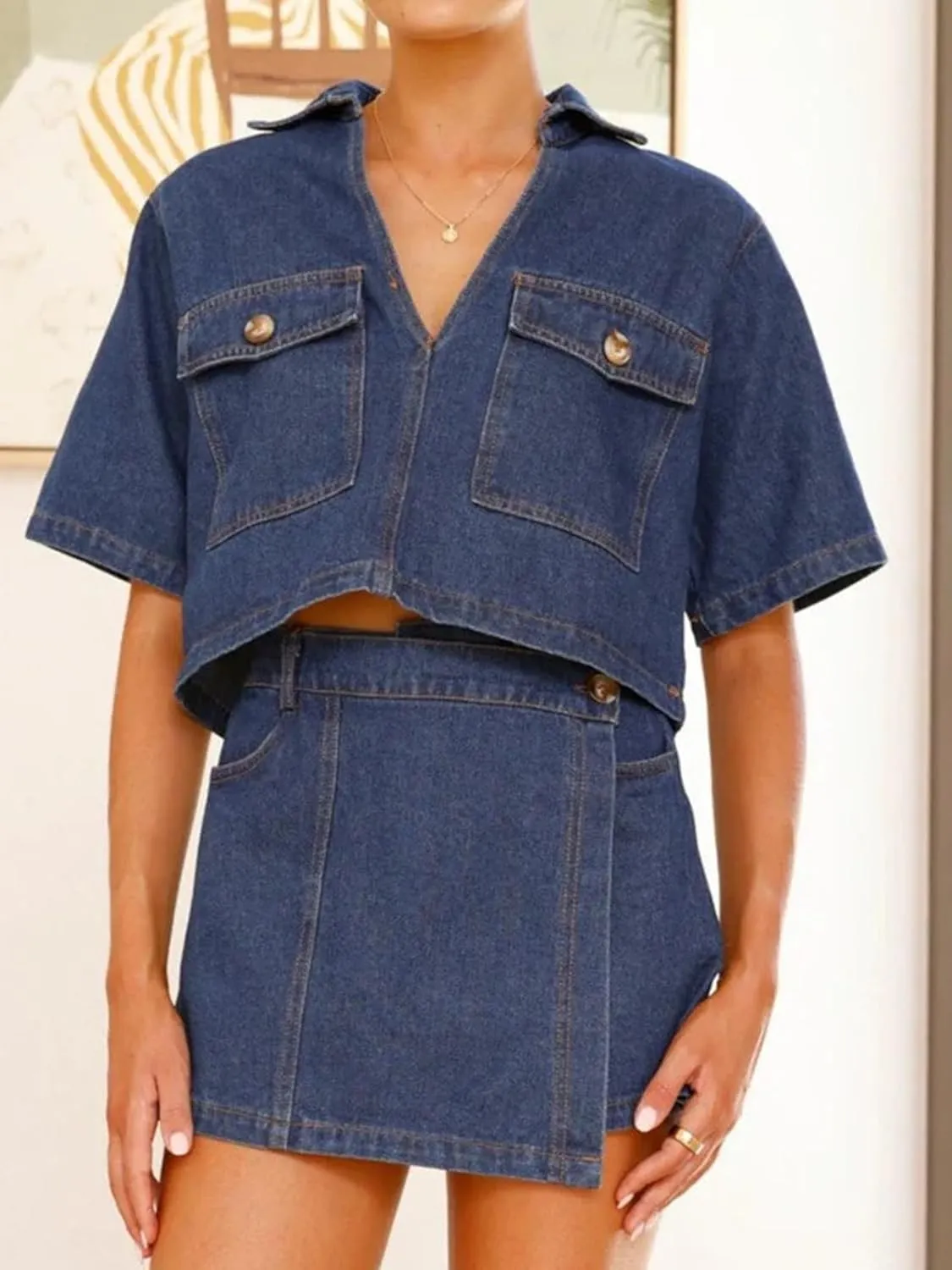 Womens Denim Sets 2 Piece Outfits Short Sleeve Cropped Denim Shirt Tops and High Waisted Jean Skorts Skirt Set
