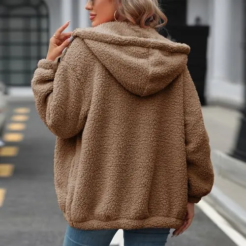 Womens Fleece Jacket Fall Winter Full Zip Sherpa Coat with Hood S-5XL