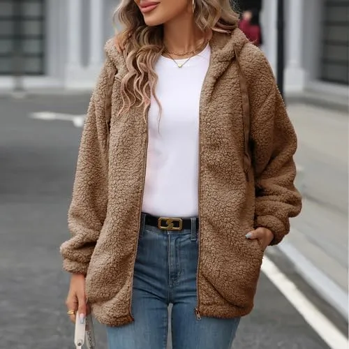 Womens Fleece Jacket Fall Winter Full Zip Sherpa Coat with Hood S-5XL