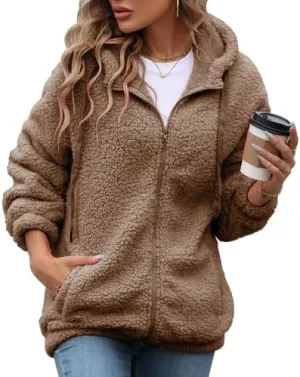 Womens Fleece Jacket Fall Winter Full Zip Sherpa Coat with Hood S-5XL
