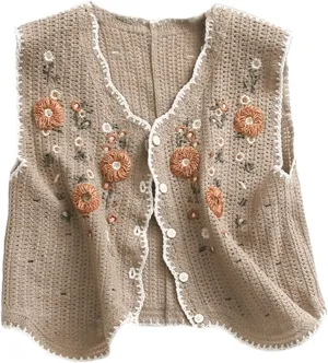 Womens Floral Print Sweater Vest Sleeveless V Neck Vintage Button Front Cardigan Crochet Crop Knit Vest Top Coffee Small