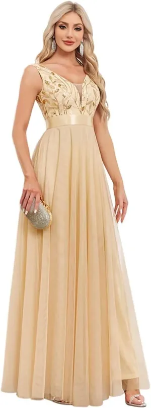 Women's Formal Dresses Long Tulle Evening Gowns 2025 A Line Sparkly Sequin Party Dress for Women Gold L
