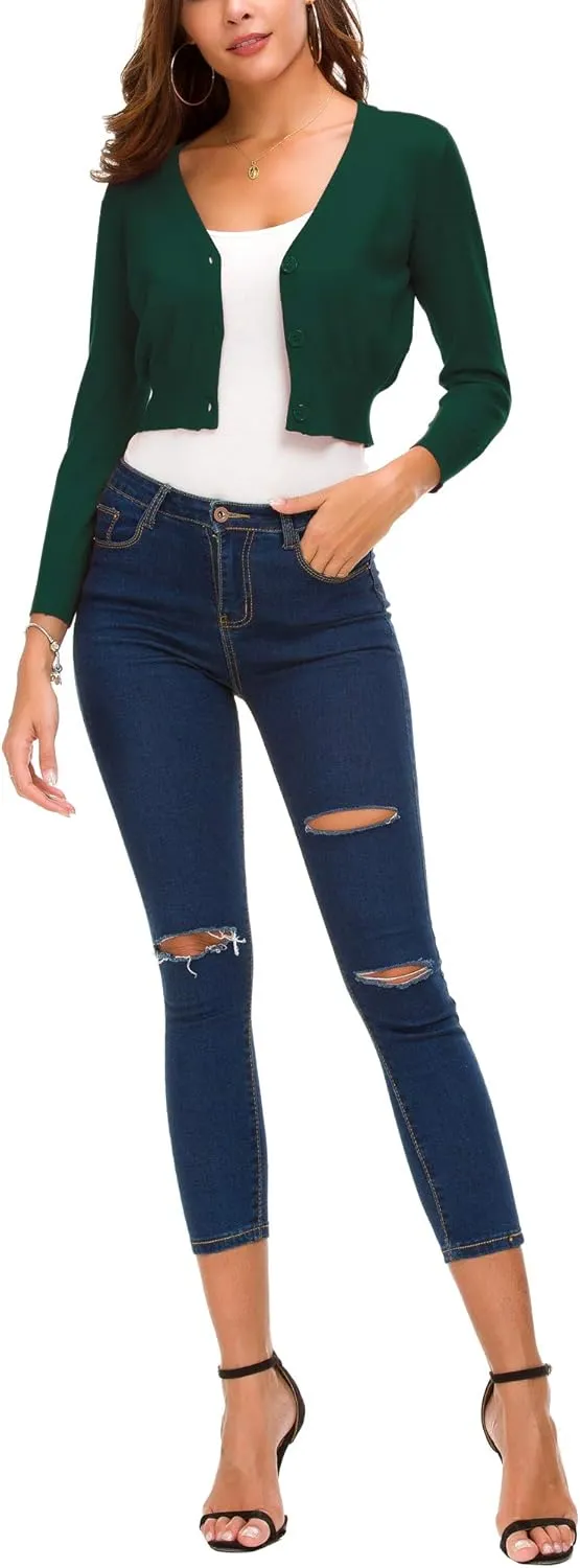 Women's Lightweight Knit Cropped Cardigan 3/4 Sleeve V-Neck Open Front Bolero Shrug for Dresses and Casual Wear