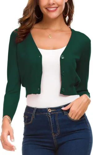 Women's Lightweight Knit Cropped Cardigan 3/4 Sleeve V-Neck Open Front Bolero Shrug for Dresses and Casual Wear