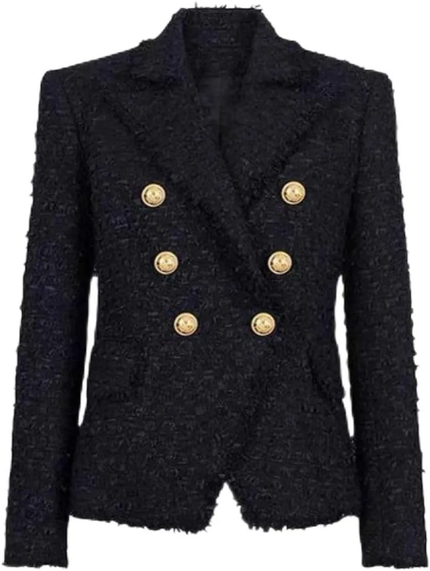 Women's Long Sleeve Plaid Tweed Open Front Cropped Jacket Work Office Pink White Fringes Blazer Coat