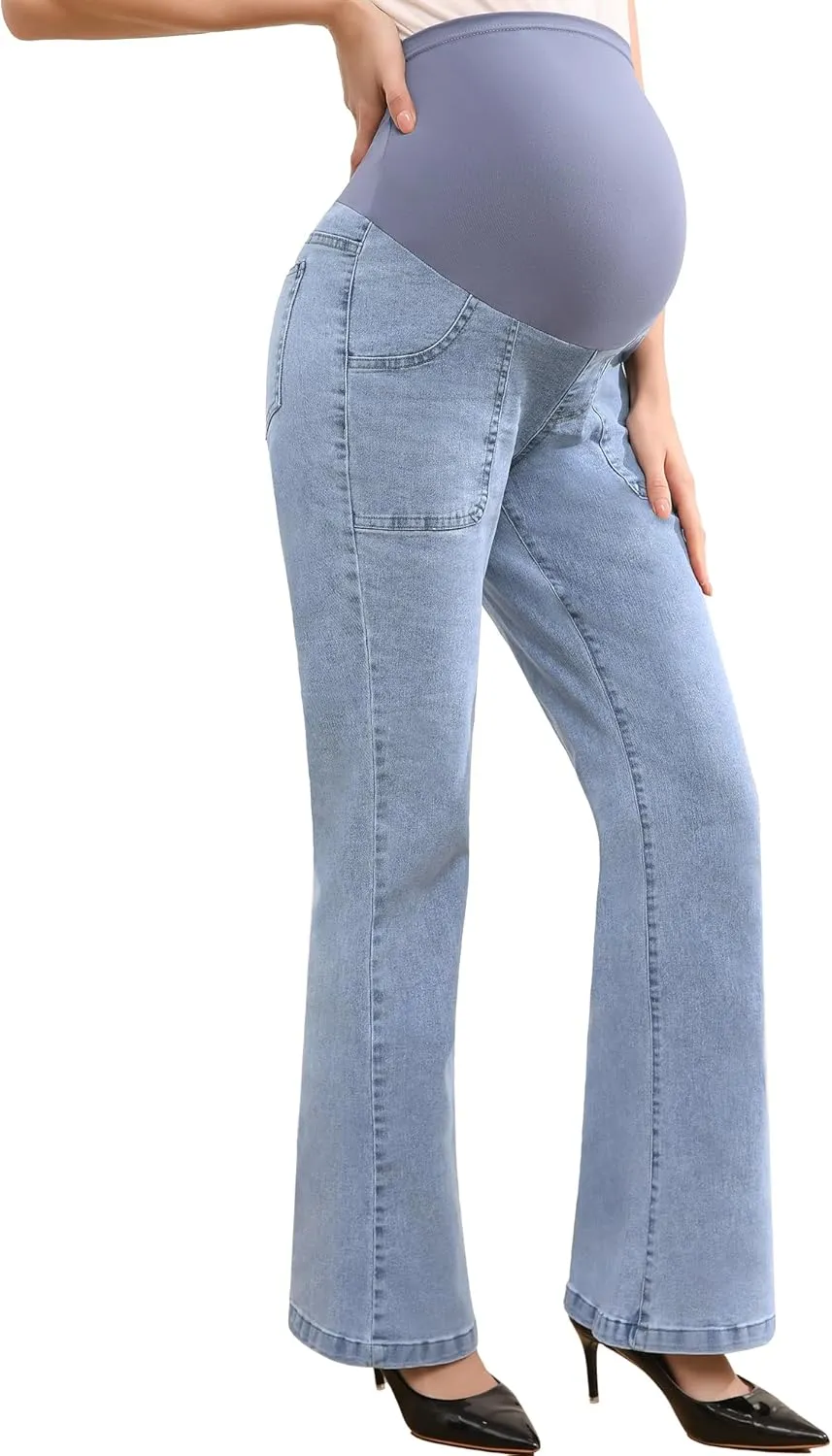 Women's Maternity Flare Jeans High-Waist Stretchy Over Belly Bootcut Denim Pregnancy Pants with Patch Pockets