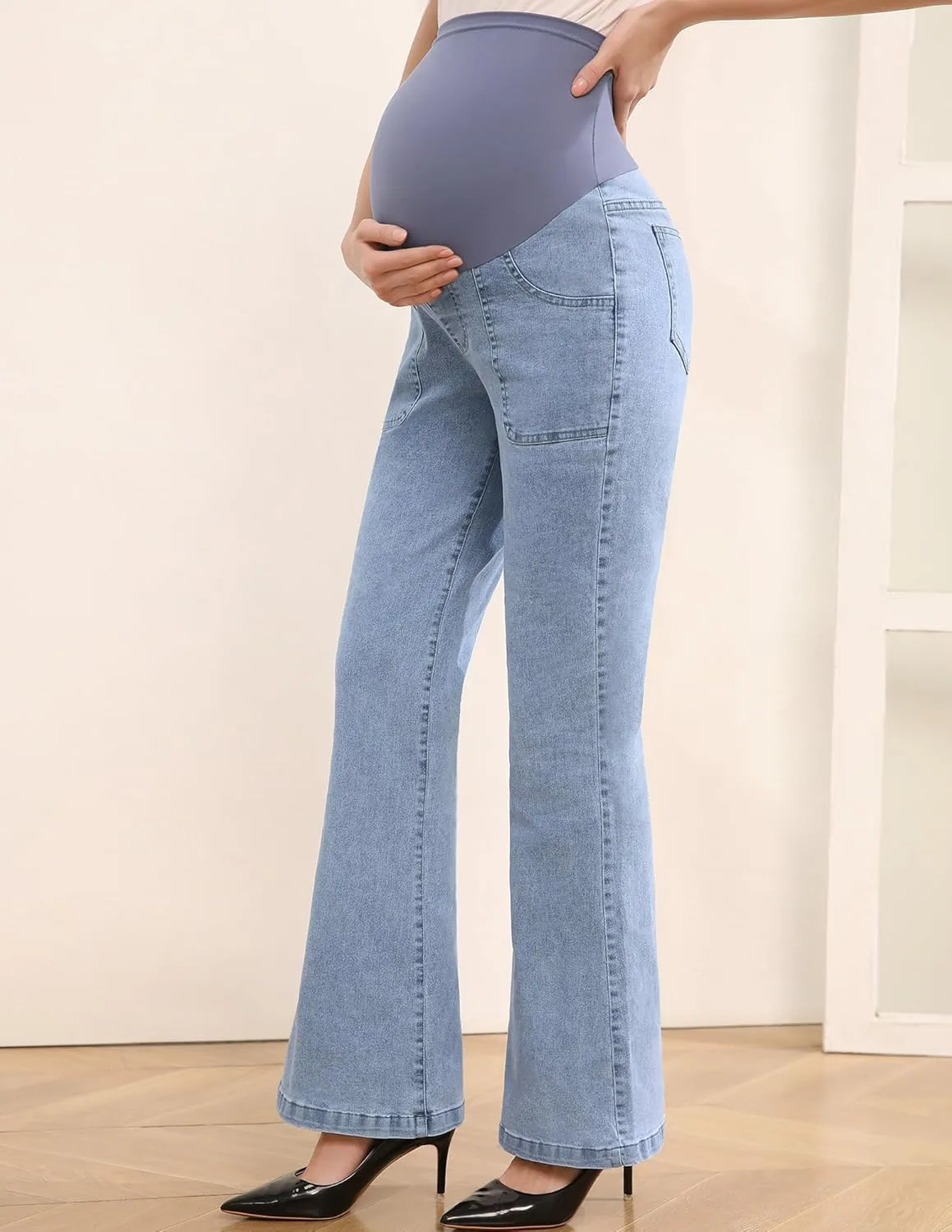 Women's Maternity Flare Jeans High-Waist Stretchy Over Belly Bootcut Denim Pregnancy Pants with Patch Pockets