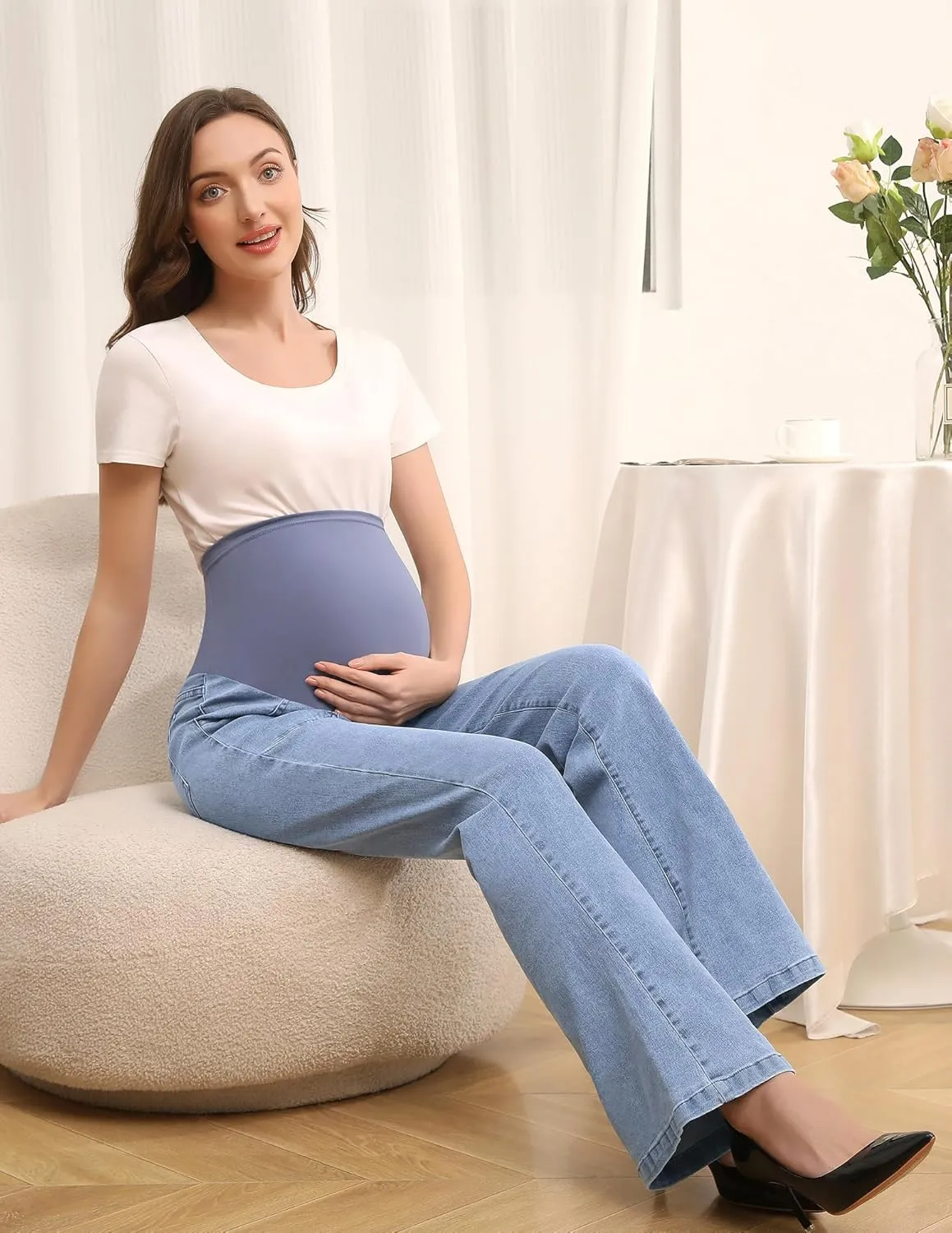 Women's Maternity Flare Jeans High-Waist Stretchy Over Belly Bootcut Denim Pregnancy Pants with Patch Pockets
