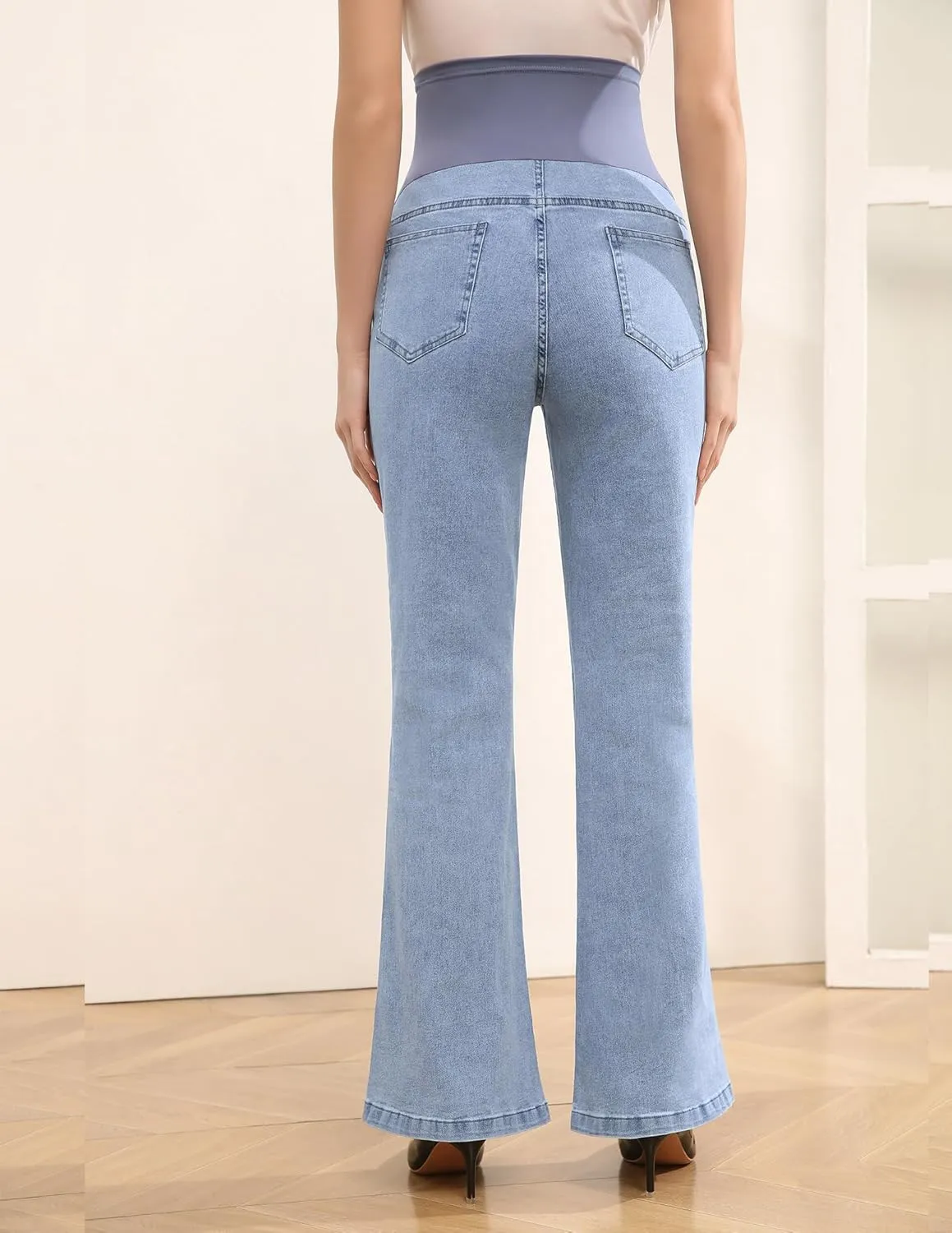 Women's Maternity Flare Jeans High-Waist Stretchy Over Belly Bootcut Denim Pregnancy Pants with Patch Pockets