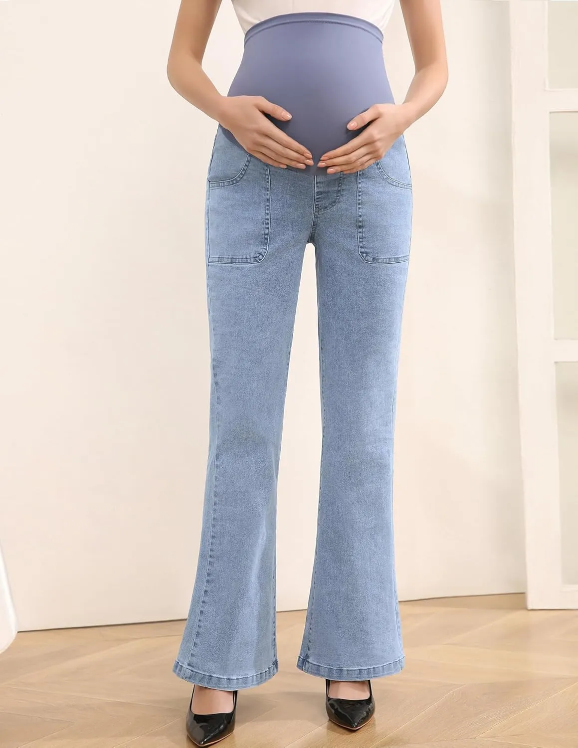 Women's Maternity Flare Jeans High-Waist Stretchy Over Belly Bootcut Denim Pregnancy Pants with Patch Pockets