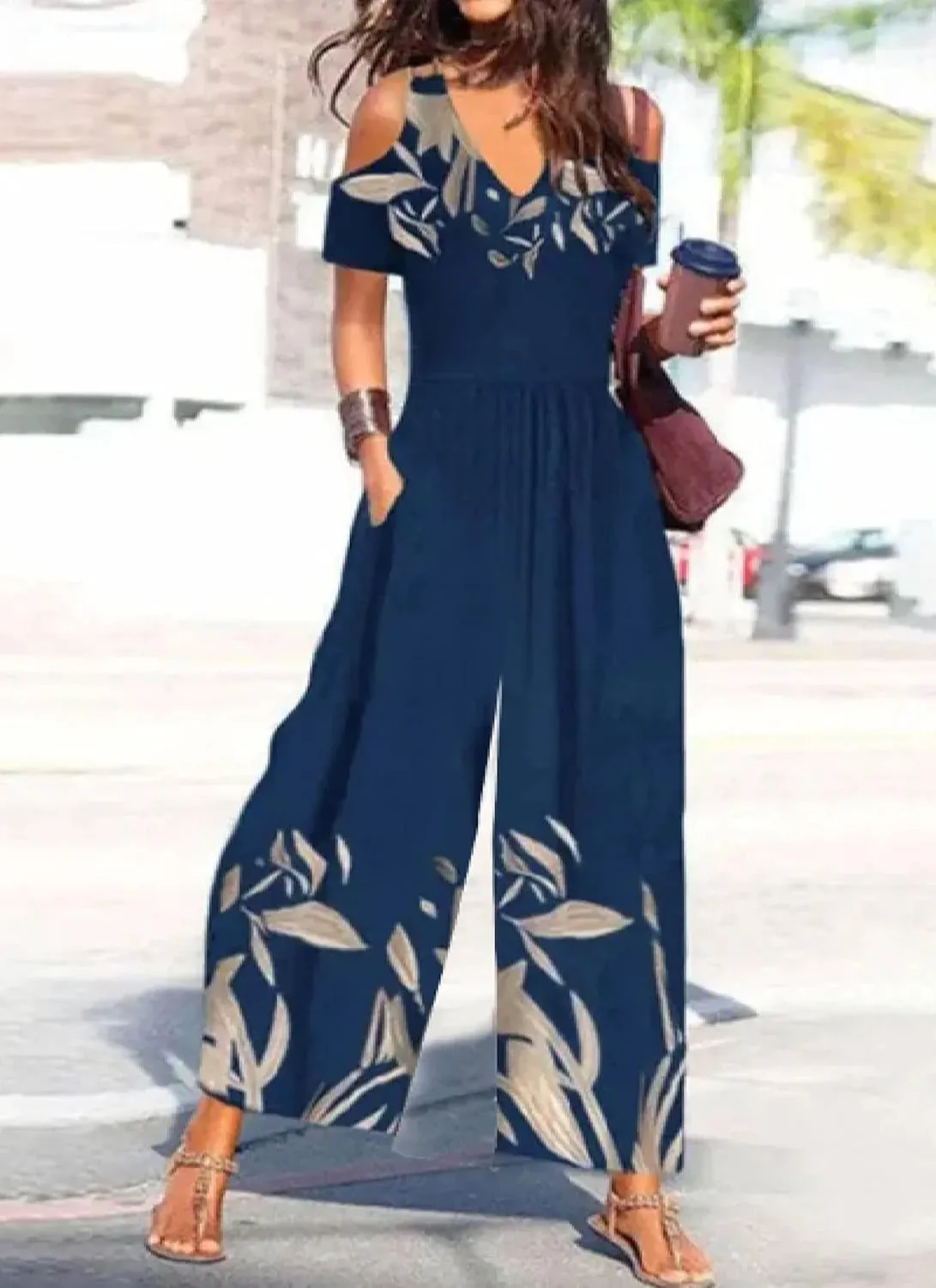 Women's Navy Plant Print Jumpsuits Cold Shoulder V Neck and Wide Leg Pants 2025 Spring Outfits Rompers with Side Pockets