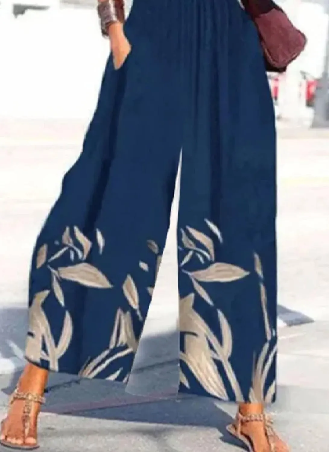 Women's Navy Plant Print Jumpsuits Cold Shoulder V Neck and Wide Leg Pants 2025 Spring Outfits Rompers with Side Pockets