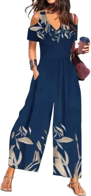 Women's Navy Plant Print Jumpsuits Cold Shoulder V Neck and Wide Leg Pants 2025 Spring Outfits Rompers with Side Pockets