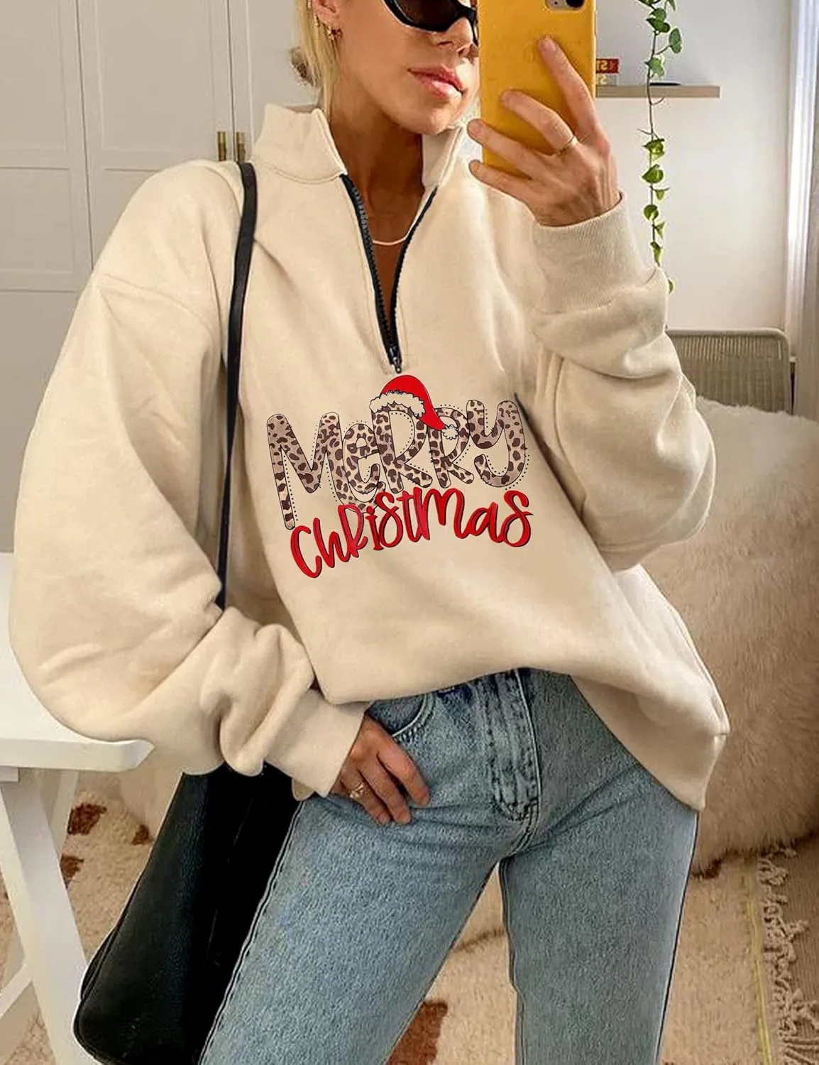 Womens Oversized Christmas Sweatshirt Half Zip Pullover Long Sleeve Quarter Zip Tops Teen Girls Fall Fashion 2024 Y2K Clothes