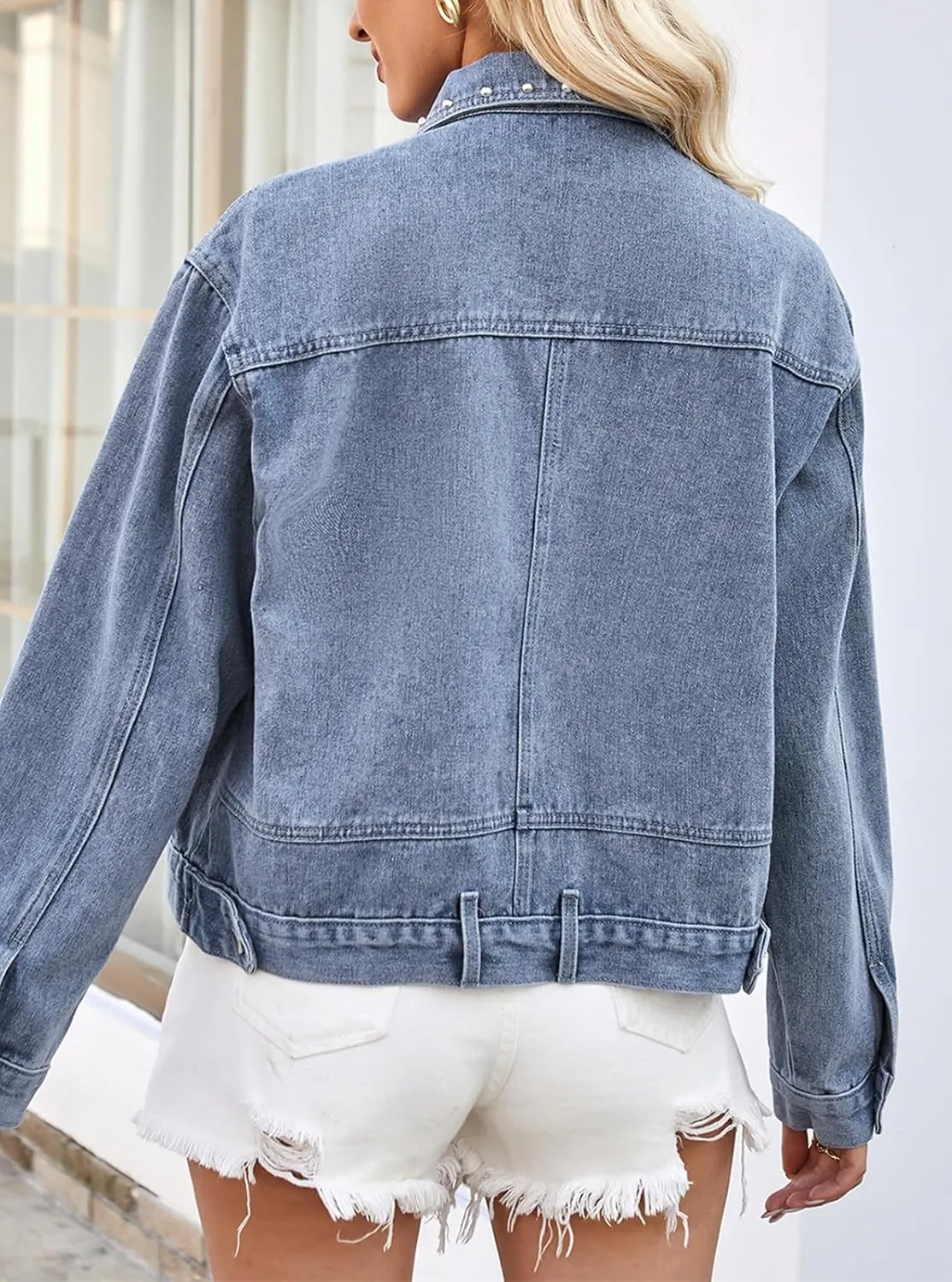 Women's Oversized Denim Jacket Retro Jean Coat Lapel Button Up Long Sleeve Rivet Jean Jacket with Pockets