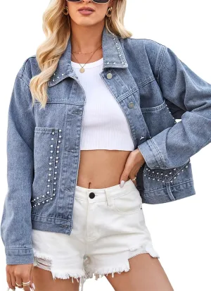 Women's Oversized Denim Jacket Retro Jean Coat Lapel Button Up Long Sleeve Rivet Jean Jacket with Pockets