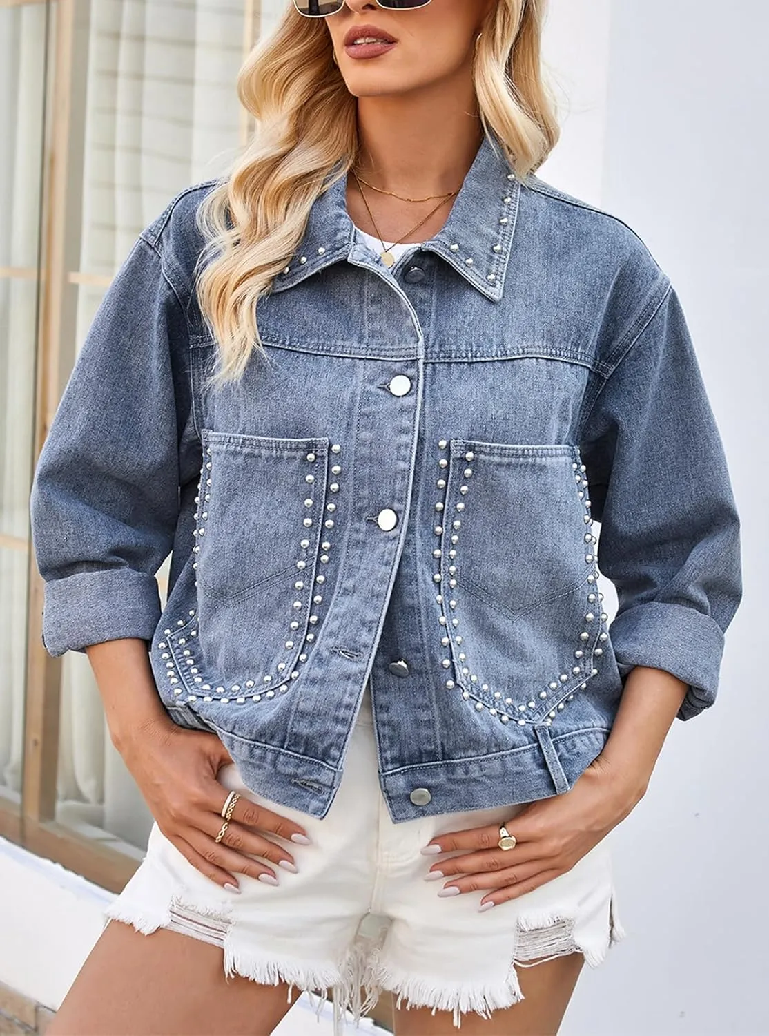 Women's Oversized Denim Jacket Retro Jean Coat Lapel Button Up Long Sleeve Rivet Jean Jacket with Pockets