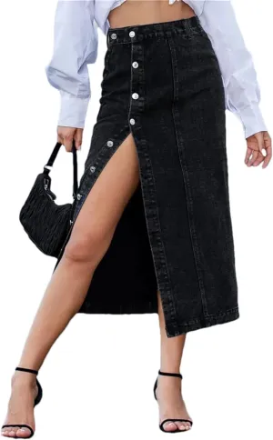 Women's Pencil Jean Skirt High Waisted A-Line Skirts Ins Button Down Side Split Hem Stretch Skirt