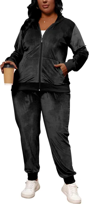 Women's Plus Size Two Piece Outfits Velour Sweatsuits Sets Long Sleeve Loungewear Tracksuit Sets